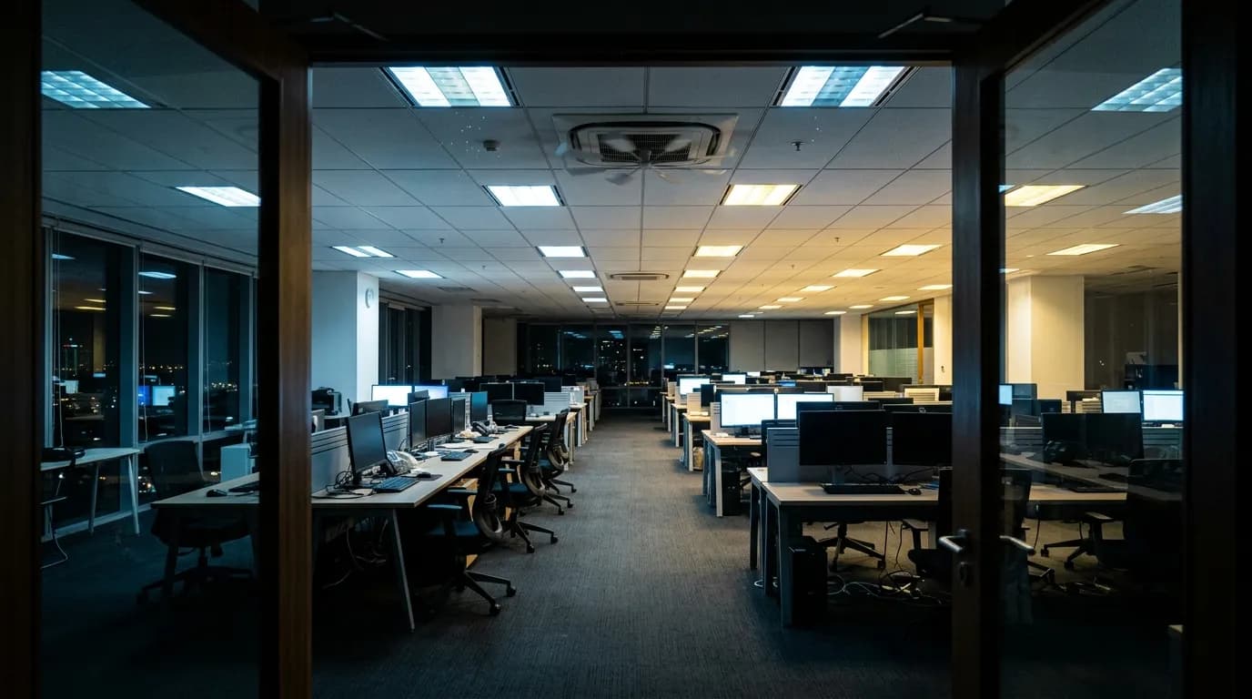 Isometric office floor at night showing HVAC, lights, and equipment still consuming energy