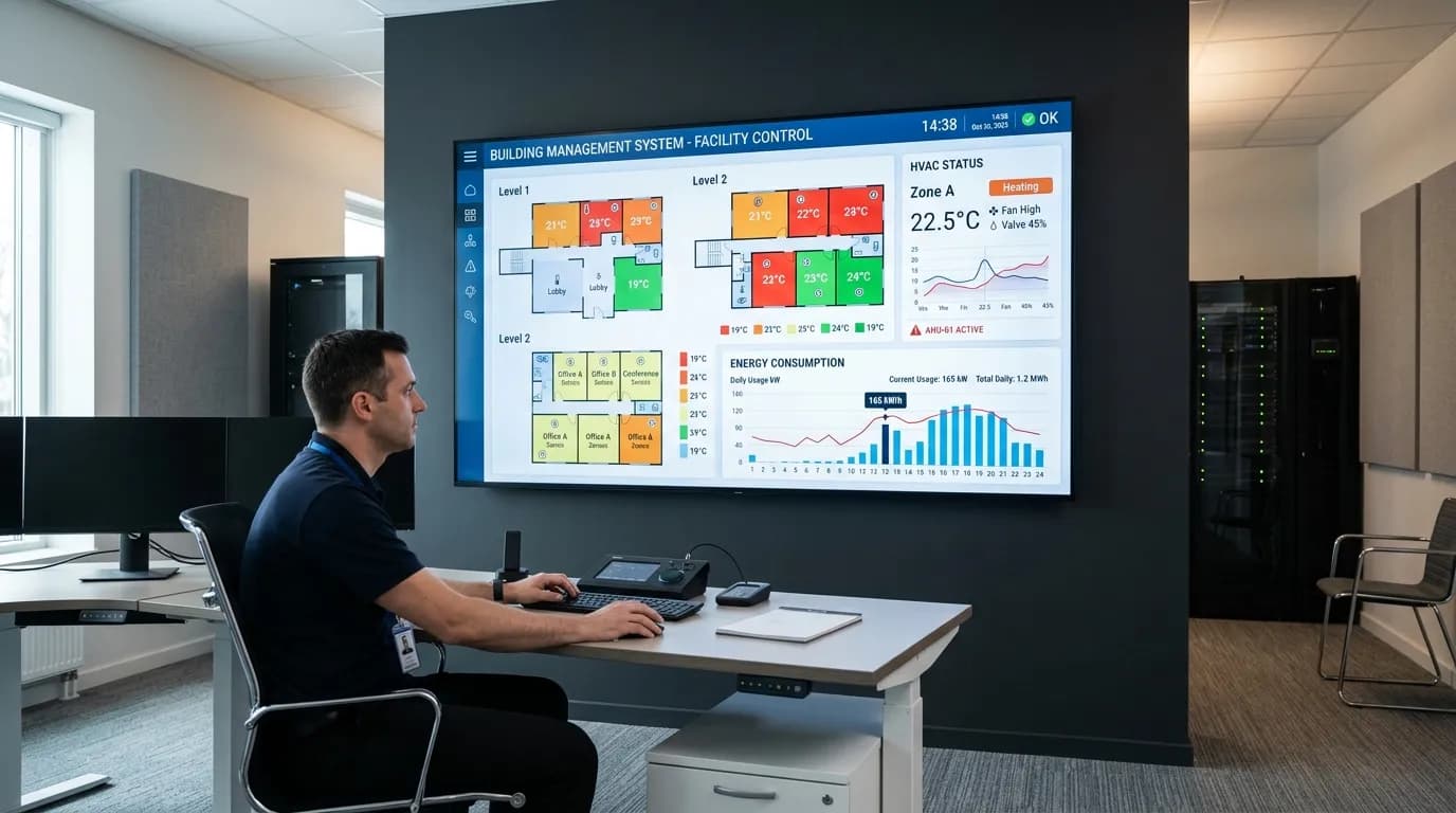 Isometric building cutaway showing BACS Class C minimum requirements with sensors and central logging