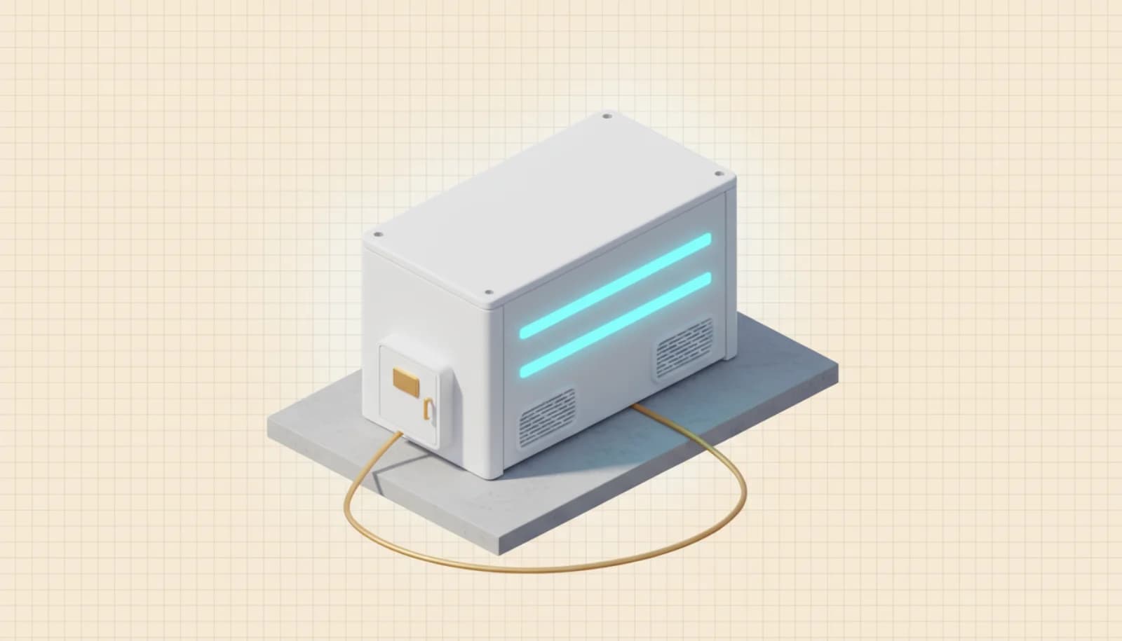 Battery storage container next to a supermarket, isometric illustration
