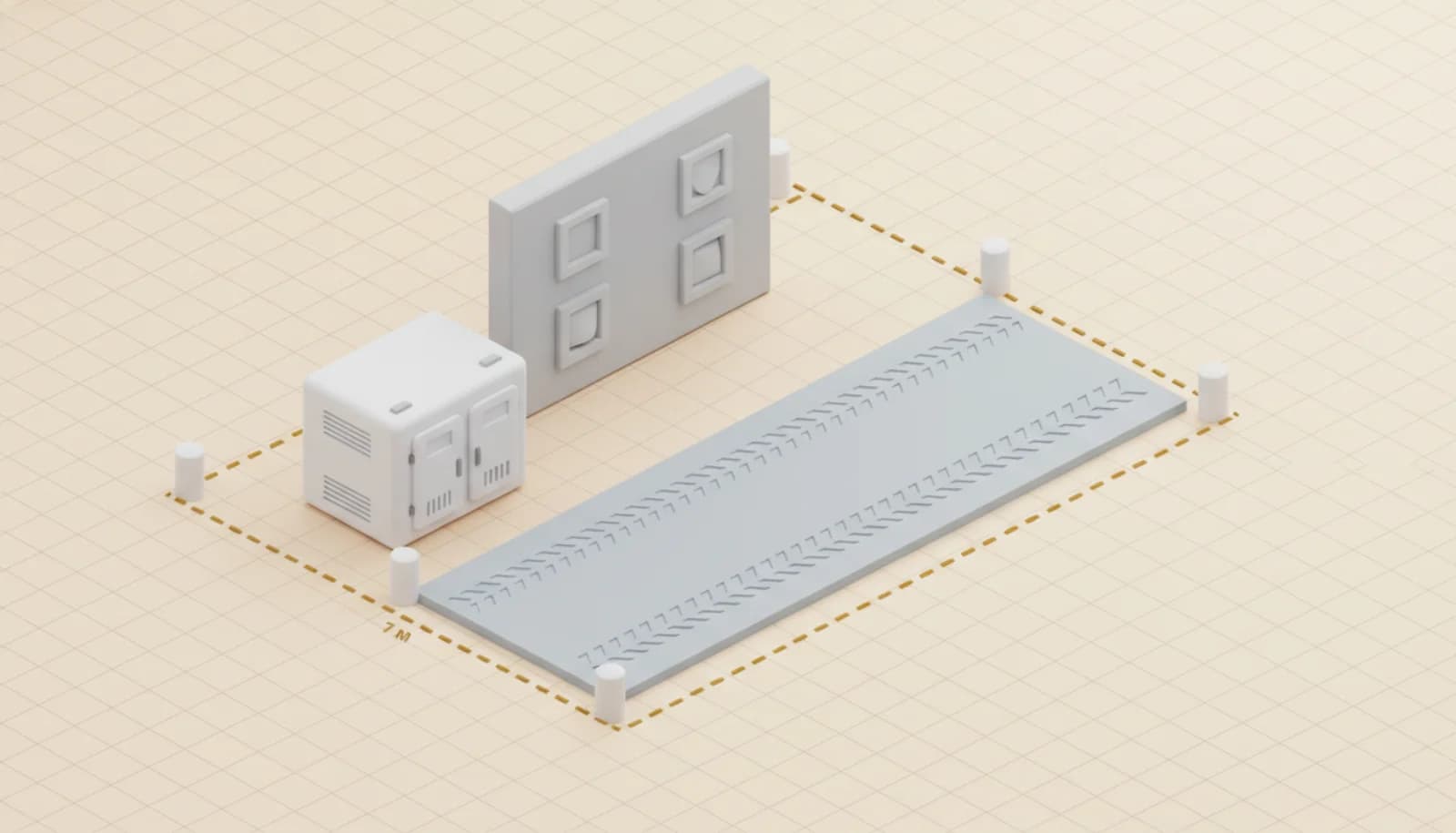 Isometric diagram of a battery container compliant with ICPE 2925-2, with separation distance and fire wall