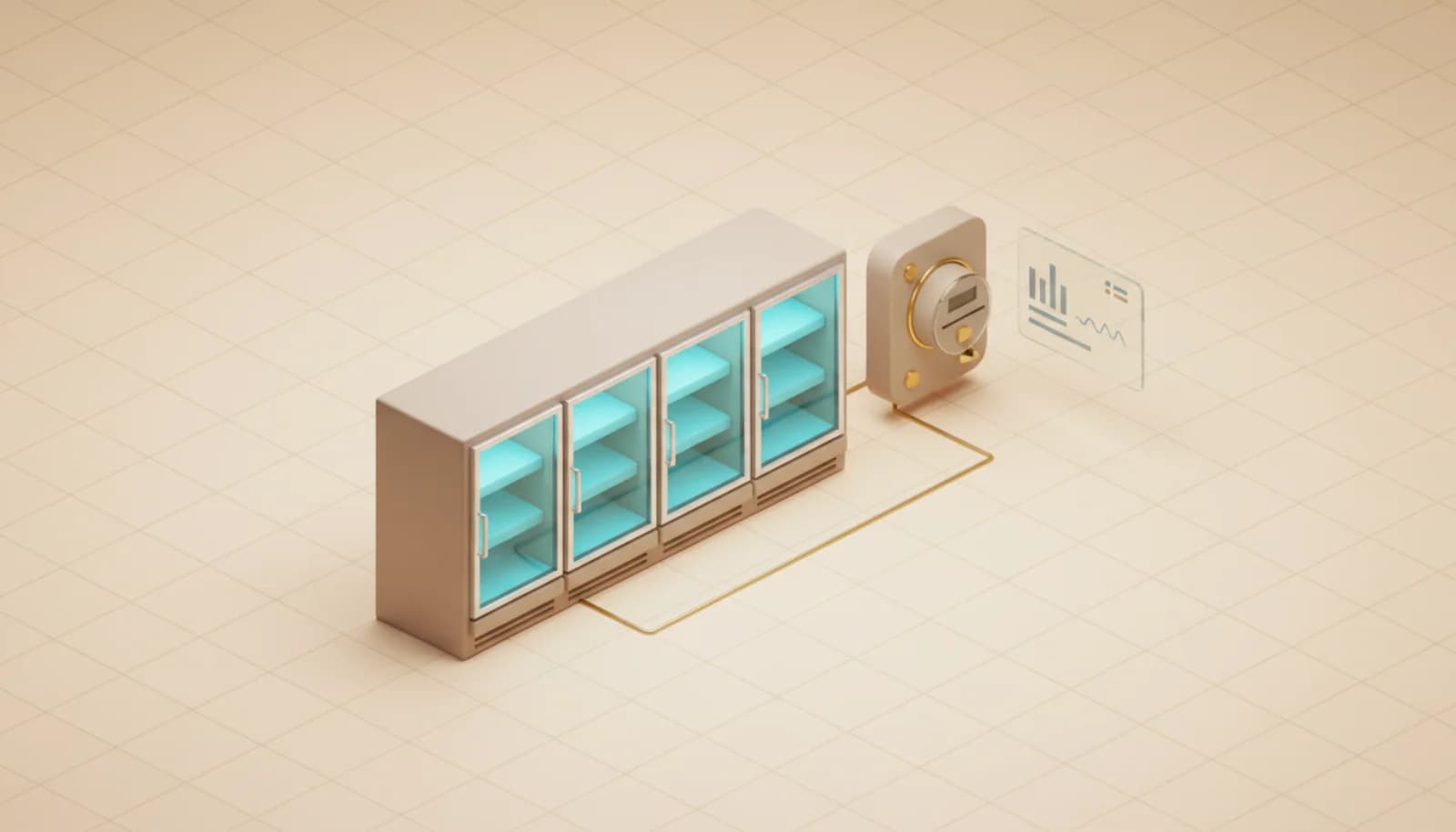 Refrigerated cabinets with smart meter and dashboard, operational view of a supermarket energy buyer