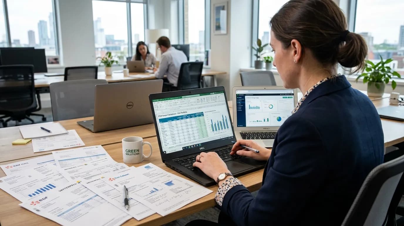 Isometric building portfolio with varying CO2 clouds and emission factor cards by location