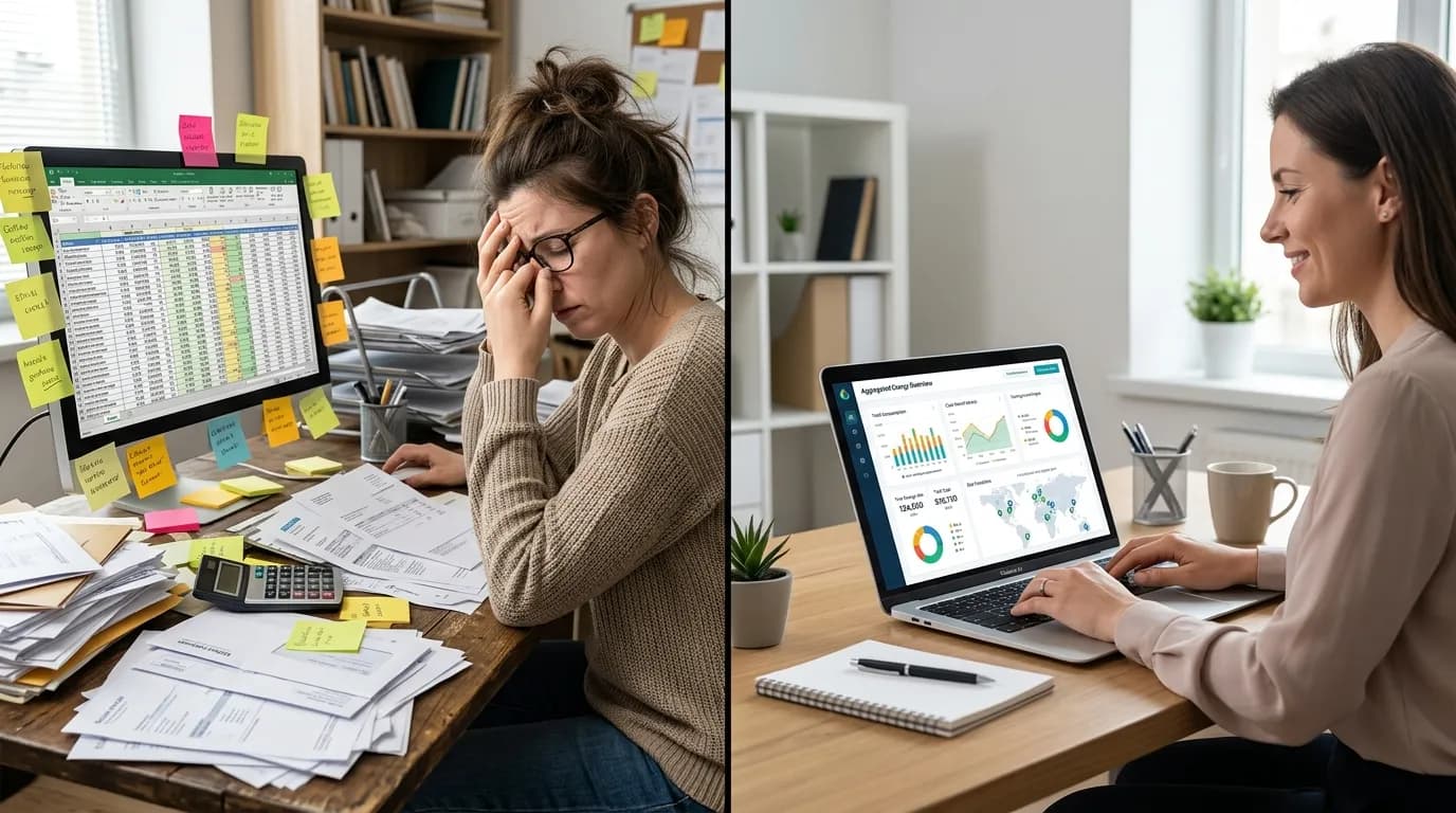 Isometric split showing manual invoice chaos versus automated sensor-driven emissions reporting