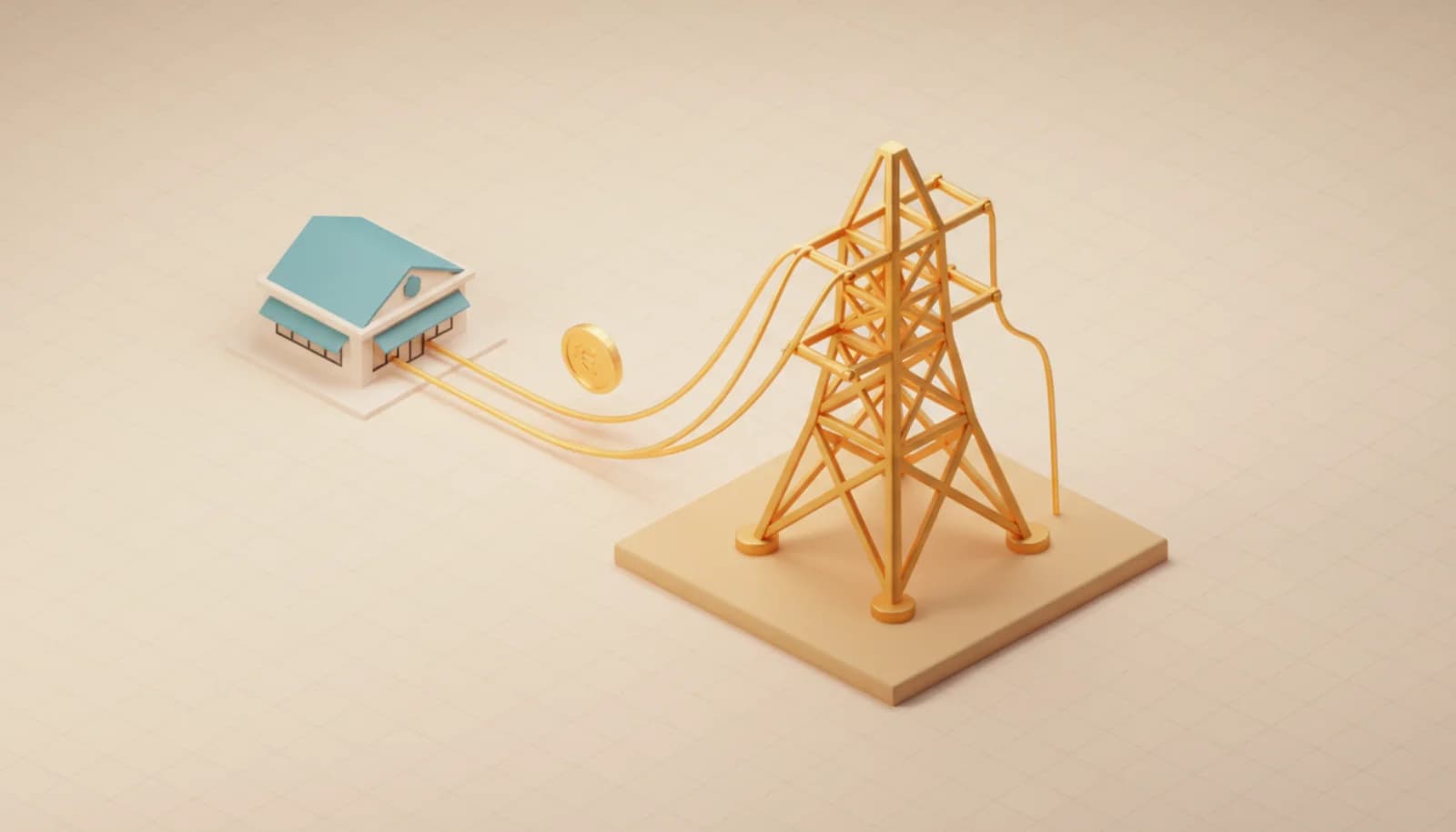 Power pylon connected to a supermarket with shed energy and a euro coin flowing back