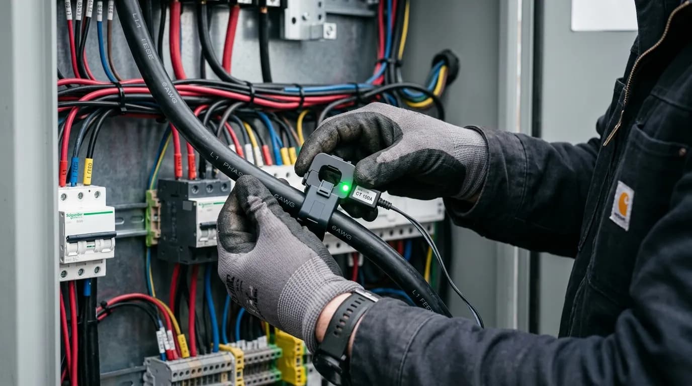 Isometric view of a lightweight IoT sensor being clipped onto an electrical cable