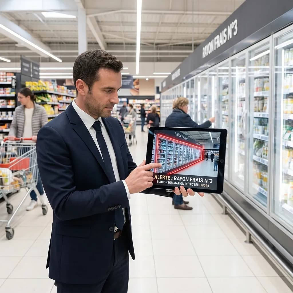 Manager identifying an issue on a refrigerated display case