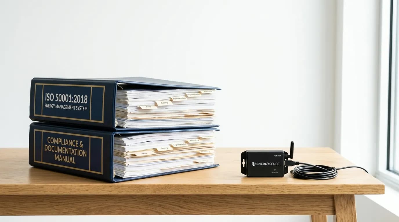 Isometric split view comparing complex ISO 50001 certification process versus lightweight IoT monitoring