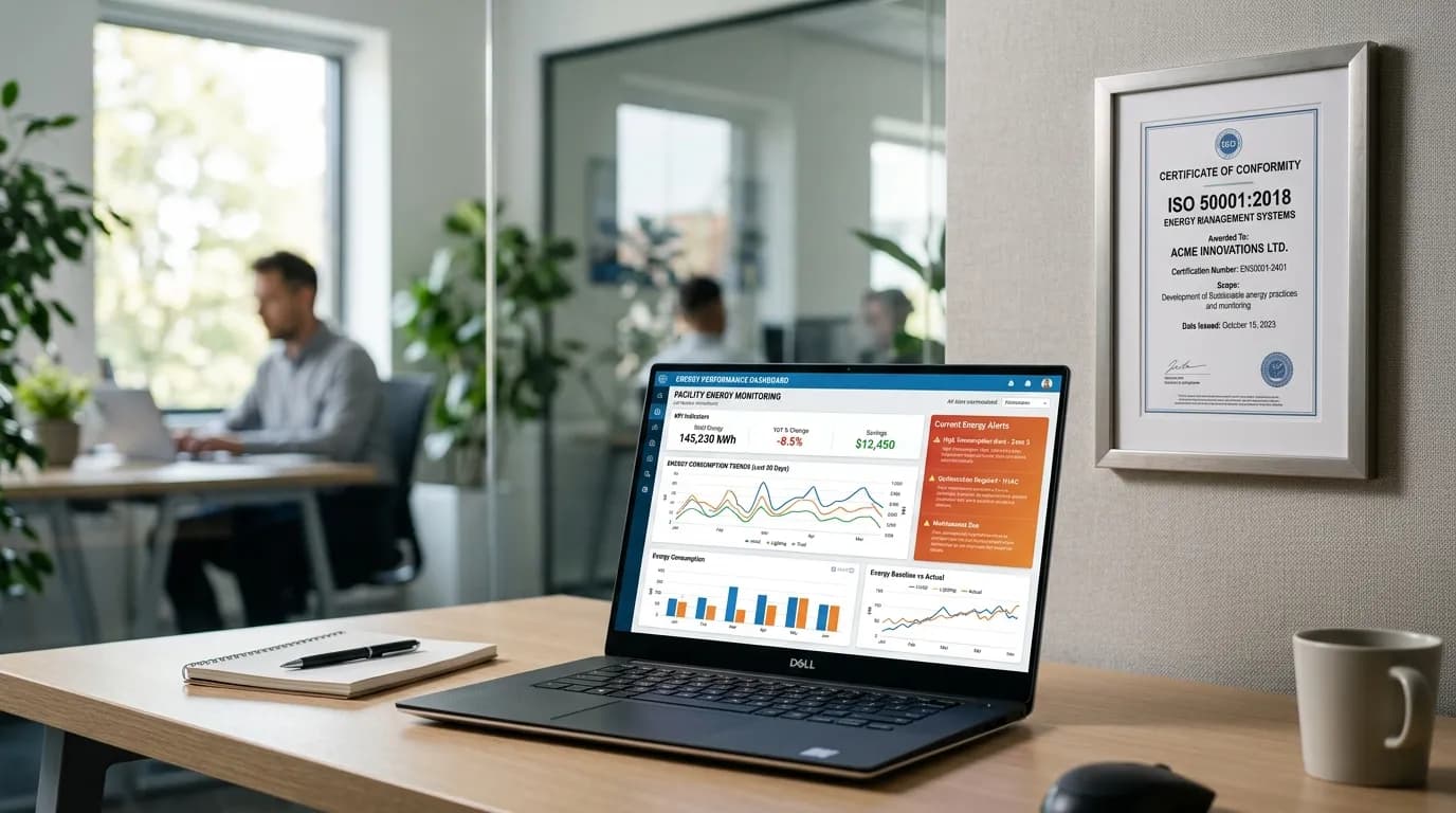 Isometric stepping stone path from basic monitoring to full ISO 50001 certification