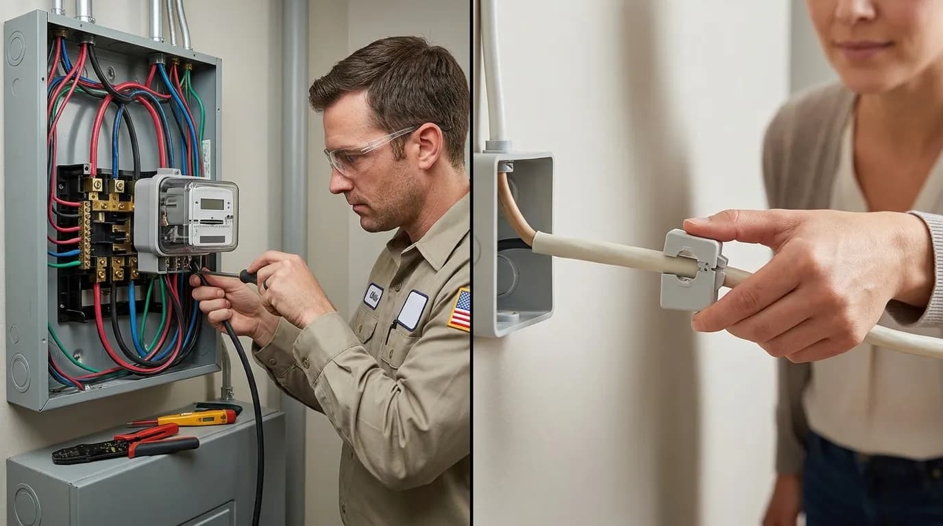 Isometric comparison of hardwired submeter installation versus non-invasive clip-on CT sensor