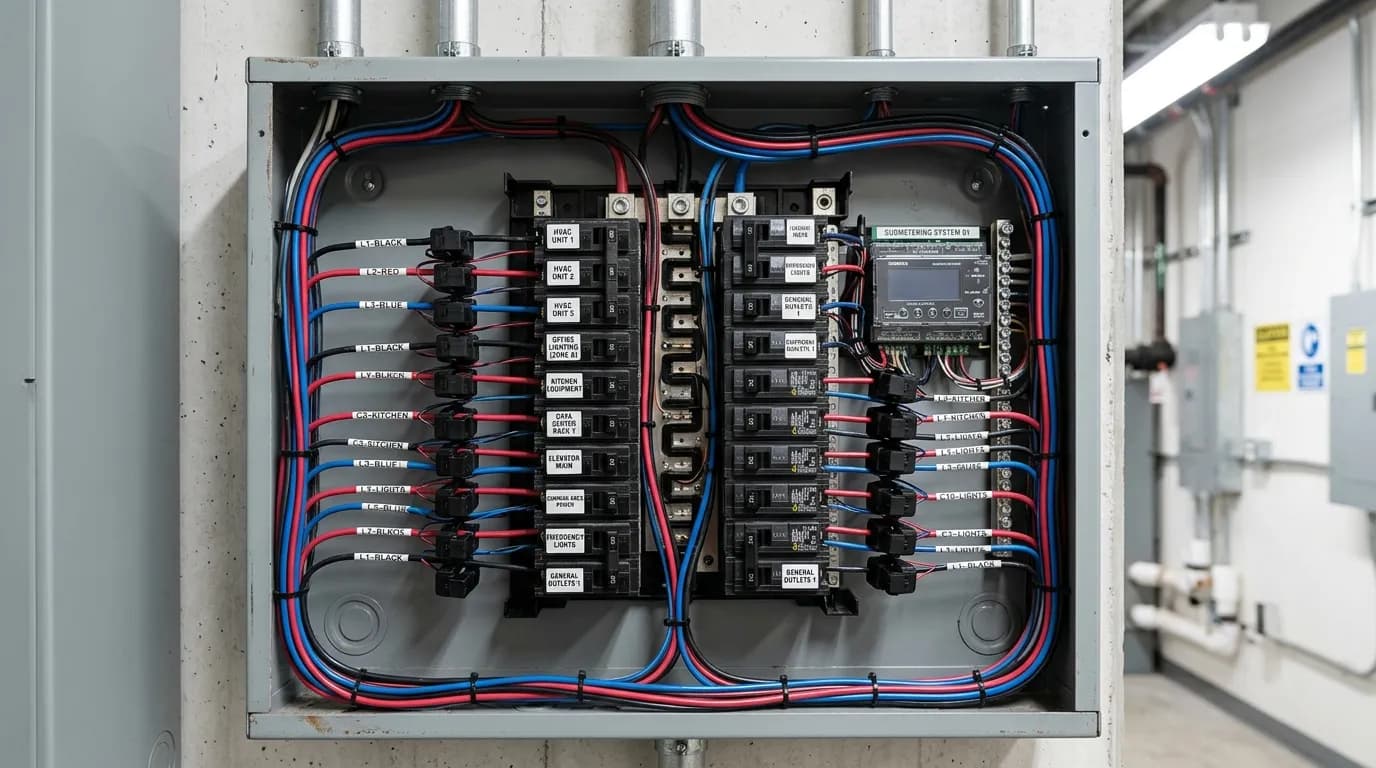 Isometric building floor showing three separate submetered circuits for HVAC, lighting, and equipment