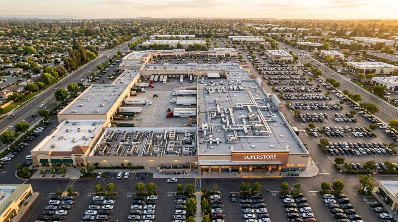 Isometric aerial view of supermarket portfolio with per-site energy performance comparison