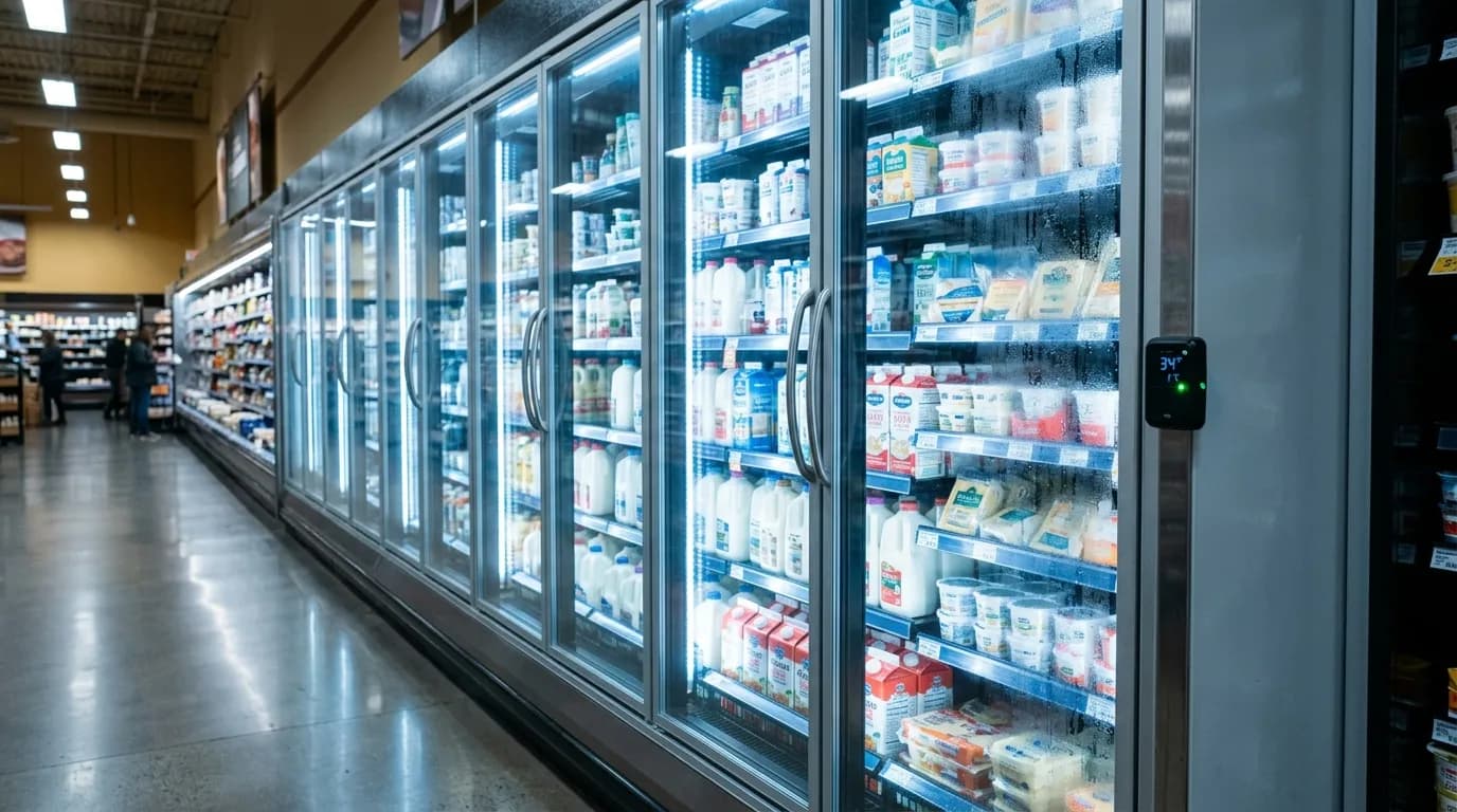 Isometric supermarket refrigeration aisle with sensors detecting a compressor anomaly